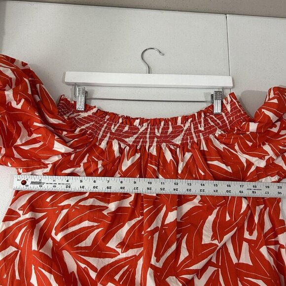 Whit Two Anthro Womens Dress Medium Red Banana Leaf Off Shoulder Smocked Poplin - Picture 7 of 13